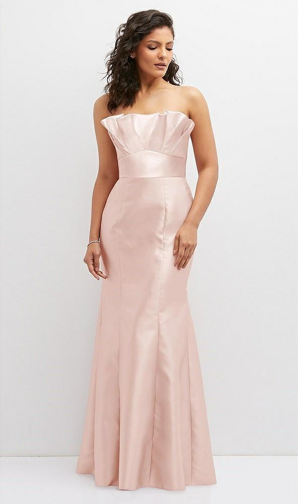 strapless satin fit and flare dress with crumb-catcher bodice