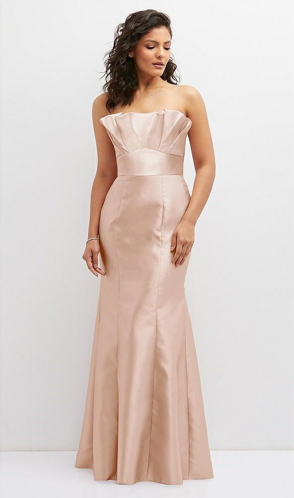 strapless satin fit and flare dress with crumb-catcher bodice