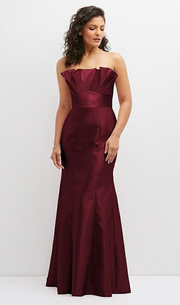 strapless satin fit and flare dress with crumb-catcher bodice