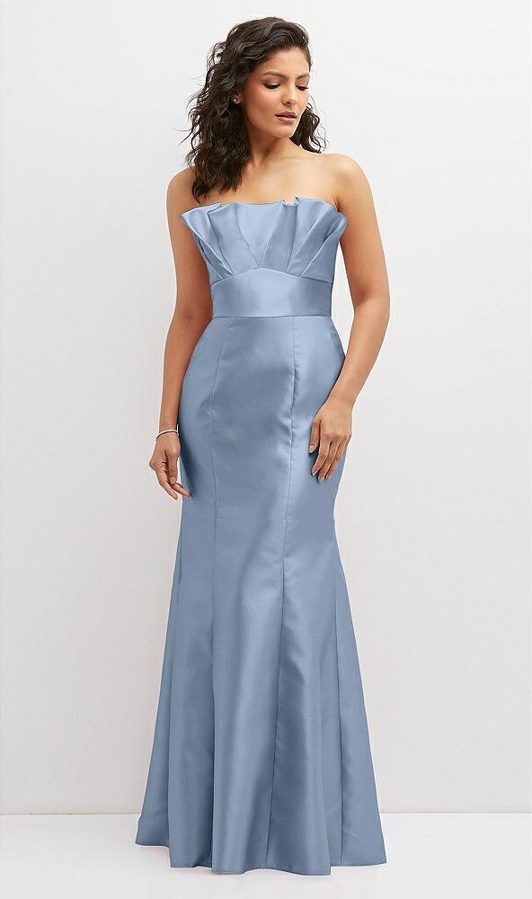 strapless satin fit and flare dress with crumb-catcher bodice