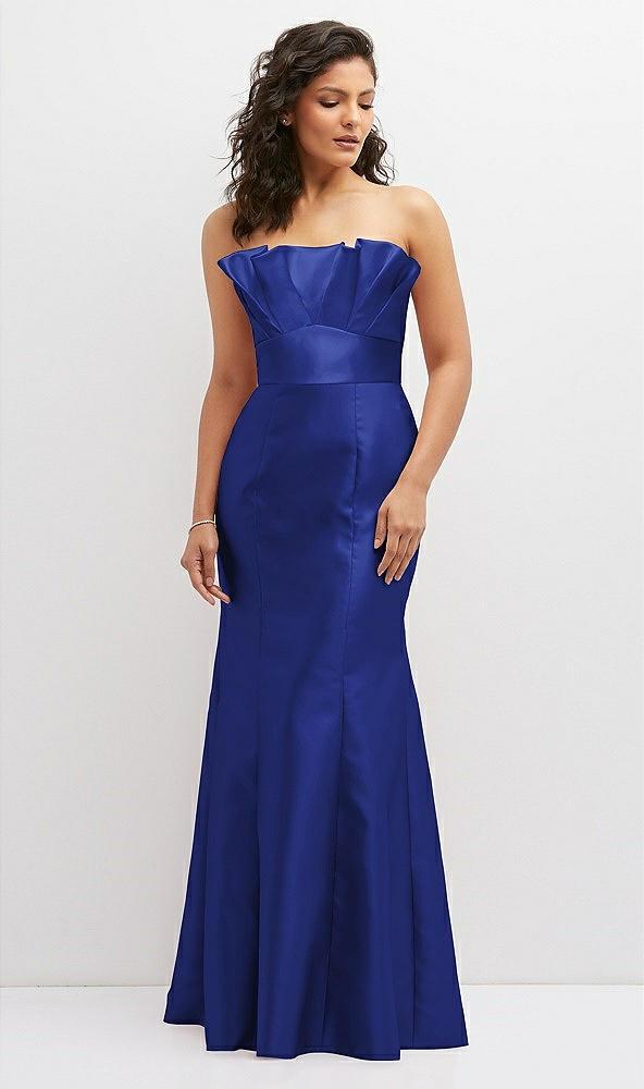 strapless satin fit and flare dress with crumb-catcher bodice