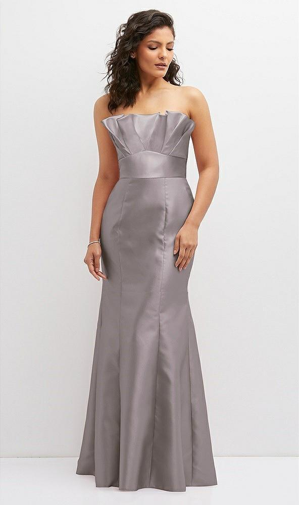 strapless satin fit and flare dress with crumb-catcher bodice