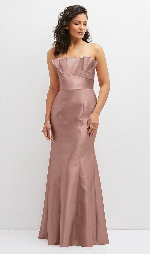 strapless satin fit and flare dress with crumb-catcher bodice