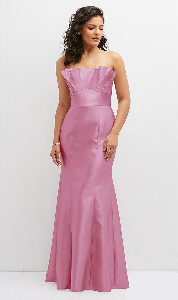 strapless satin fit and flare dress with crumb-catcher bodice