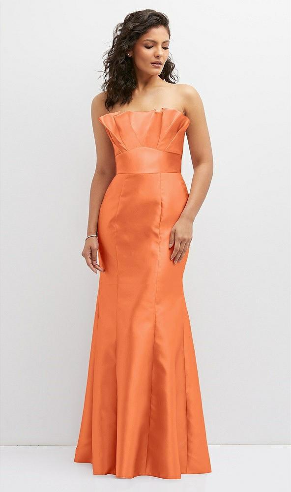 strapless satin fit and flare dress with crumb-catcher bodice