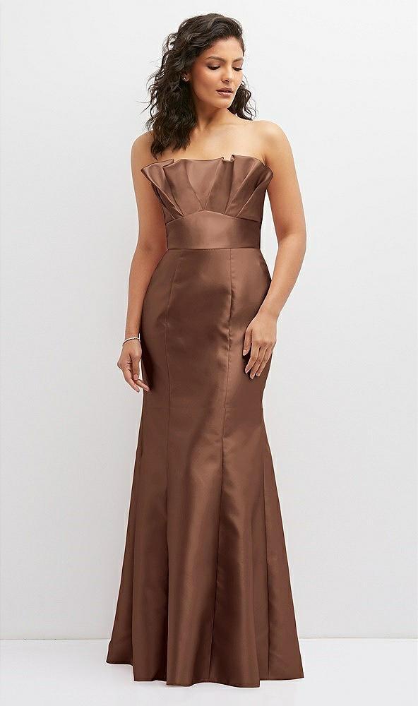 strapless satin fit and flare dress with crumb-catcher bodice