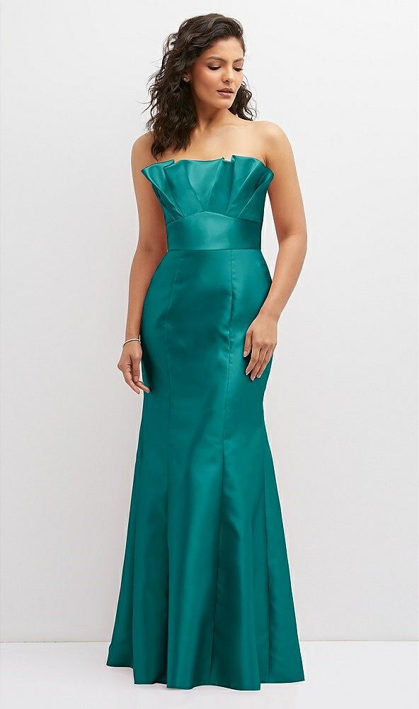 strapless satin fit and flare dress with crumb-catcher bodice