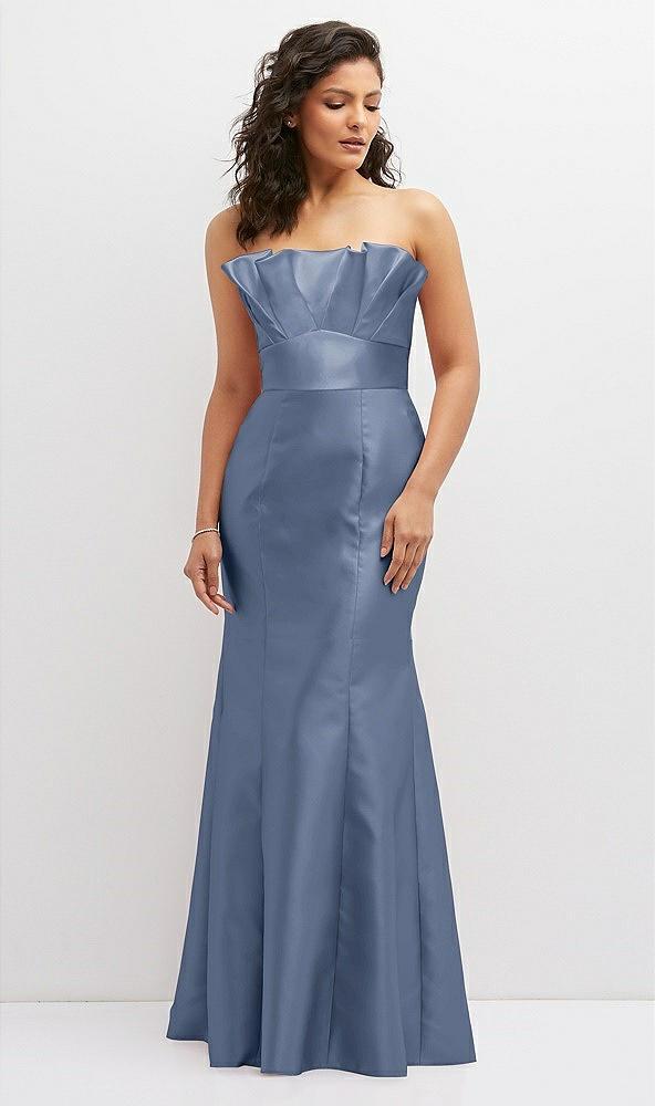 strapless satin fit and flare dress with crumb-catcher bodice