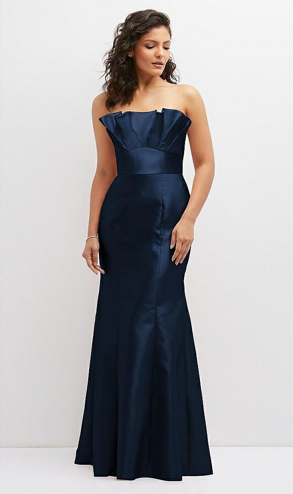 strapless satin fit and flare dress with crumb-catcher bodice