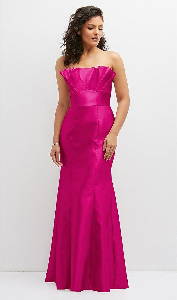 strapless satin fit and flare dress with crumb-catcher bodice