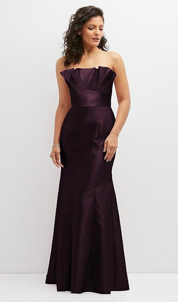 strapless satin fit and flare dress with crumb-catcher bodice