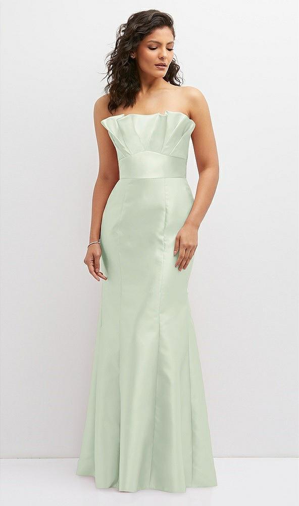 strapless satin fit and flare dress with crumb-catcher bodice