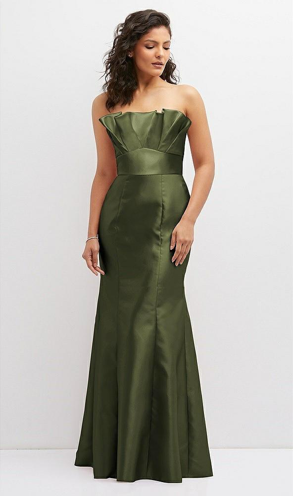 strapless satin fit and flare dress with crumb-catcher bodice