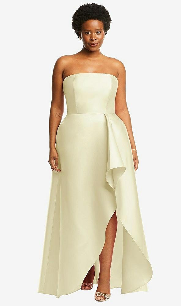 strapless satin gown with draped front slit and pockets