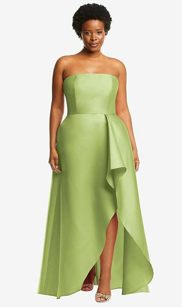 strapless satin gown with draped front slit and pockets