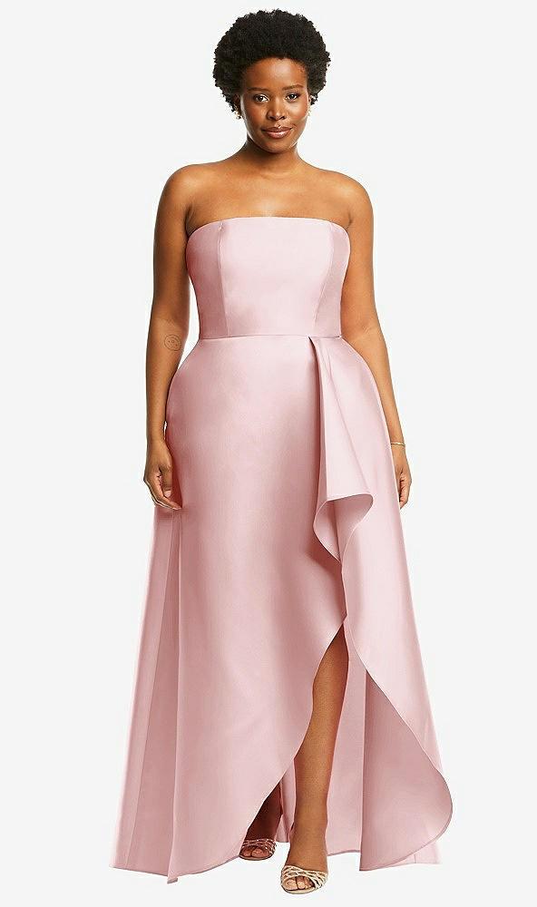 strapless satin gown with draped front slit and pockets
