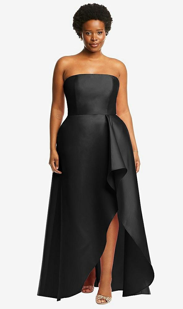 strapless satin gown with draped front slit and pockets