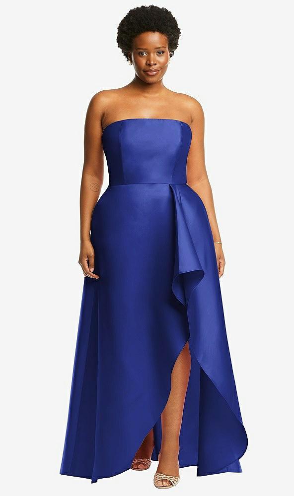 strapless satin gown with draped front slit and pockets