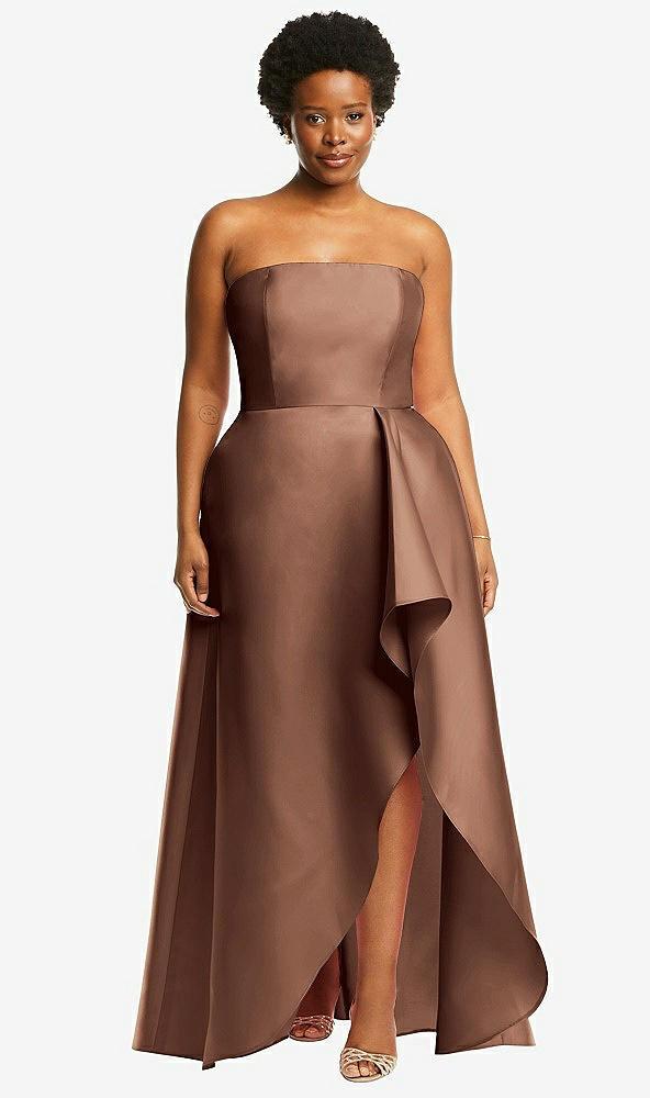 strapless satin gown with draped front slit and pockets