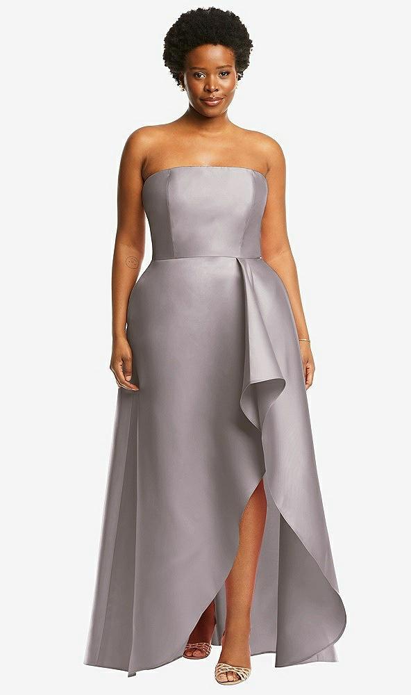 strapless satin gown with draped front slit and pockets