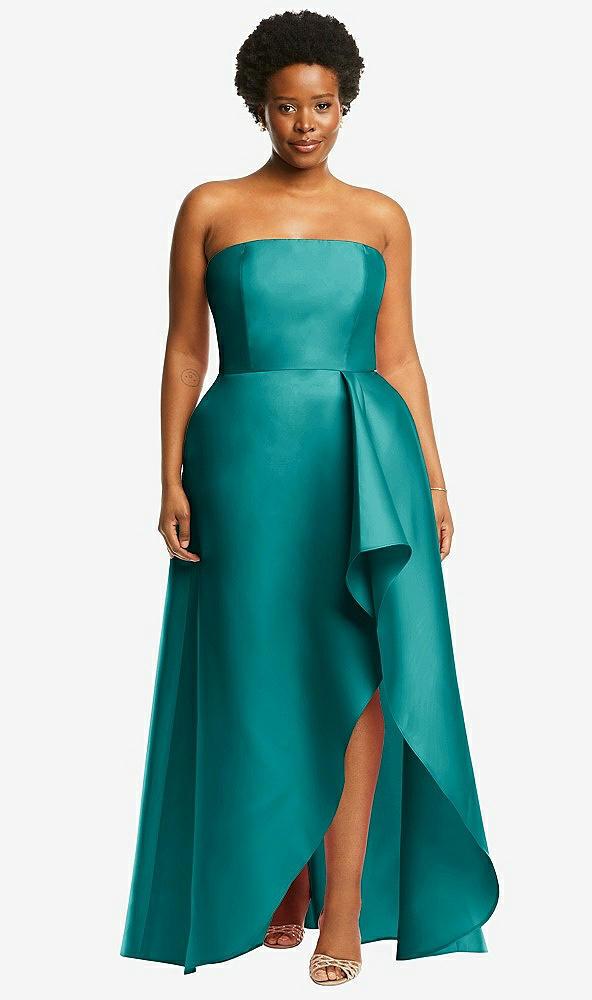 strapless satin gown with draped front slit and pockets
