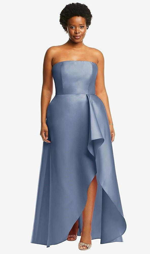 strapless satin gown with draped front slit and pockets