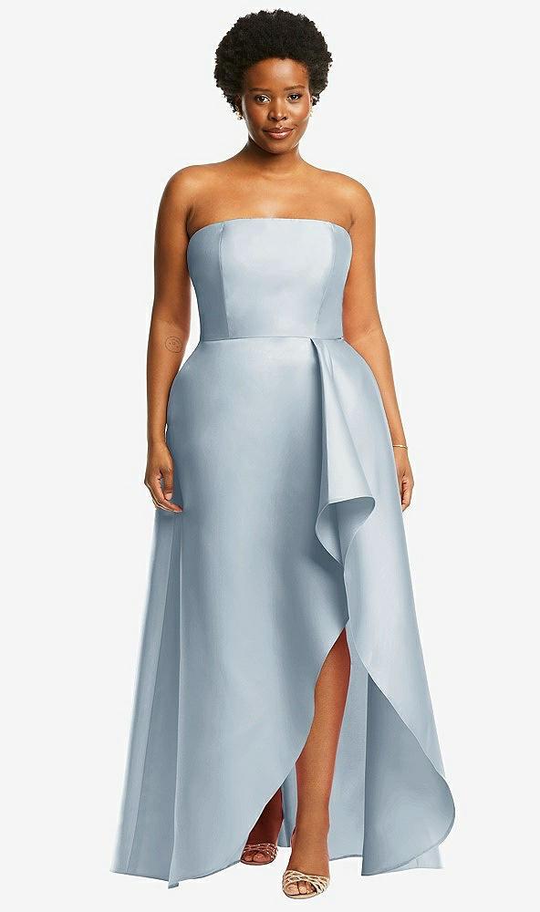 strapless satin gown with draped front slit and pockets
