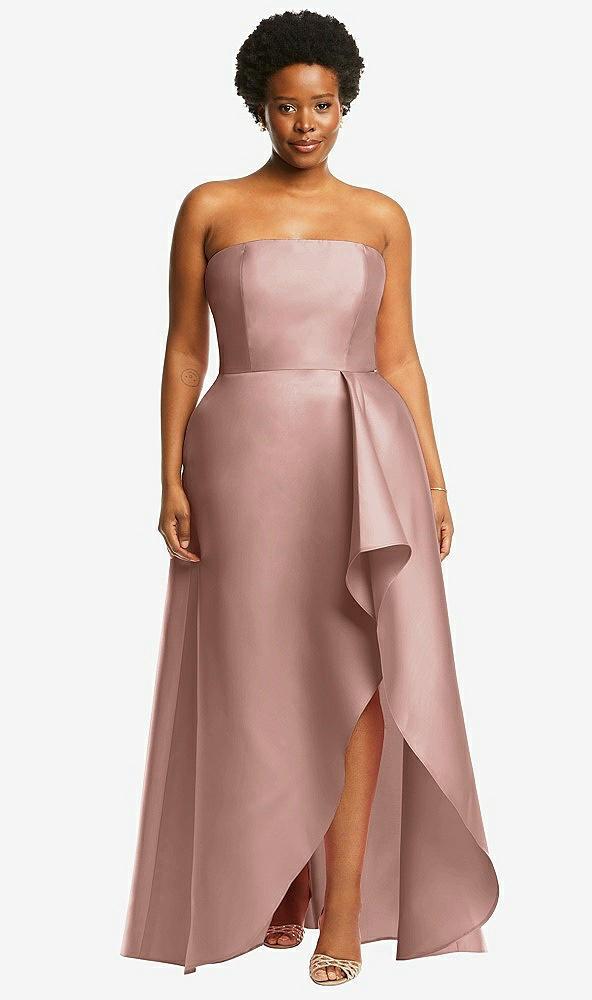strapless satin gown with draped front slit and pockets