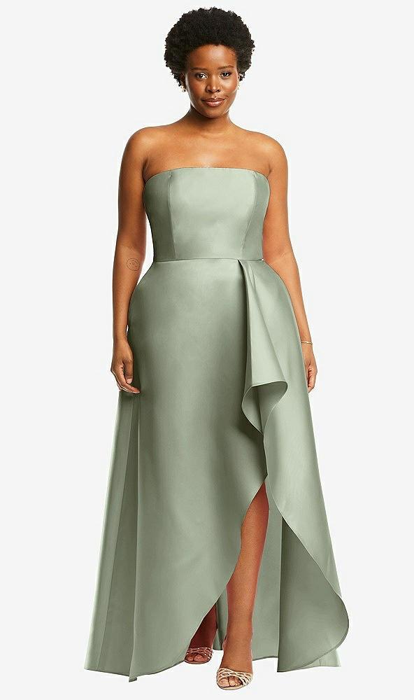 strapless satin gown with draped front slit and pockets
