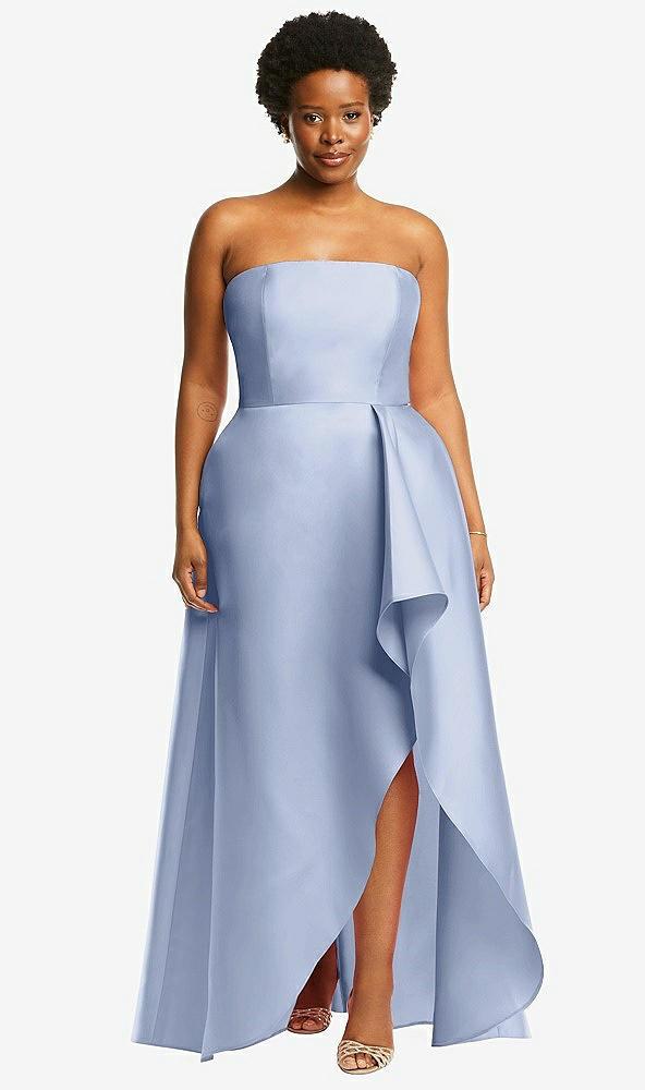 strapless satin gown with draped front slit and pockets