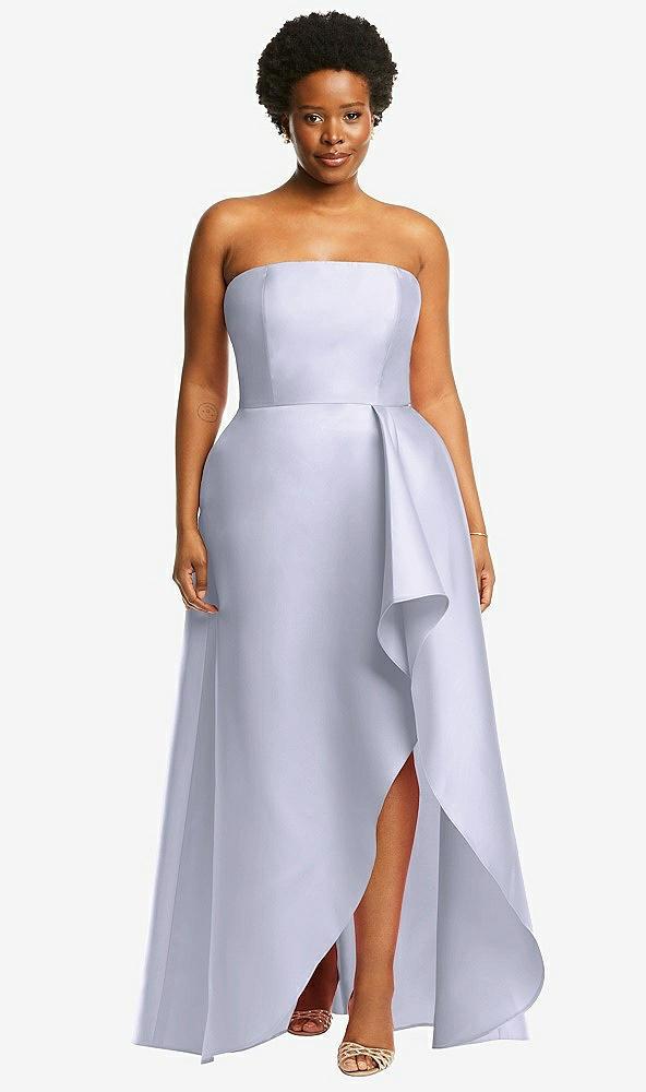 strapless satin gown with draped front slit and pockets
