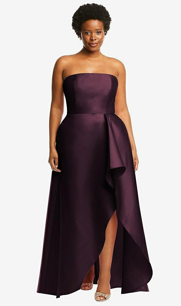 strapless satin gown with draped front slit and pockets