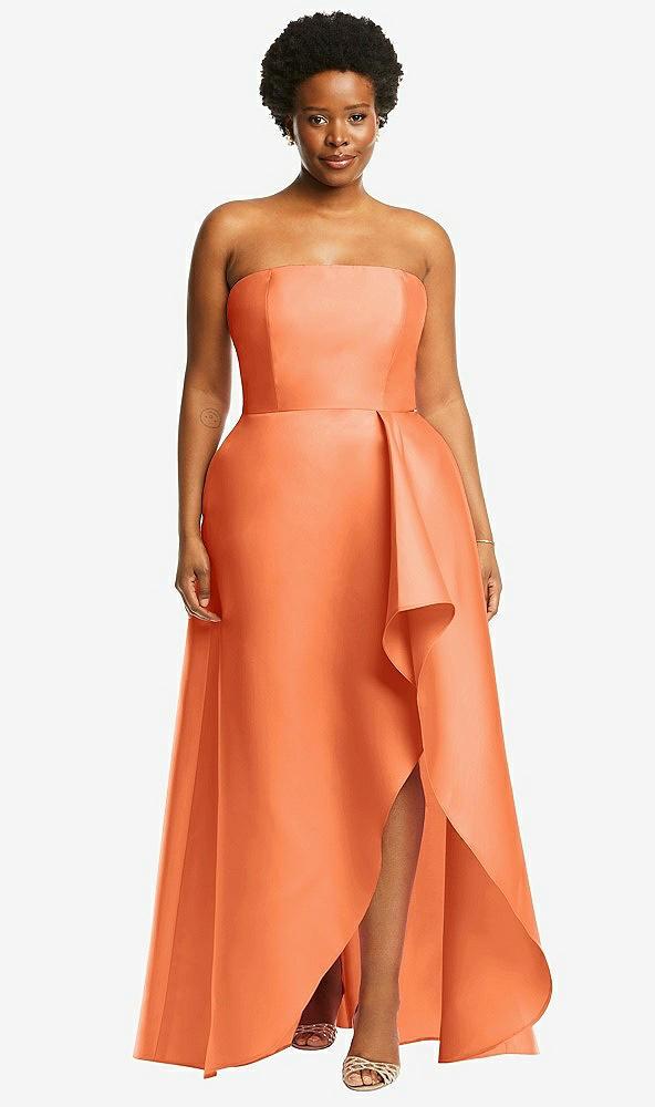 strapless satin gown with draped front slit and pockets