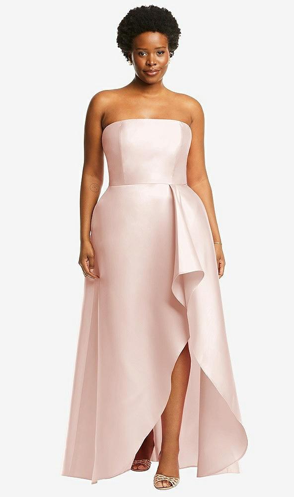 strapless satin gown with draped front slit and pockets