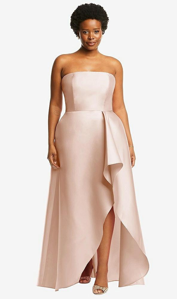 strapless satin gown with draped front slit and pockets