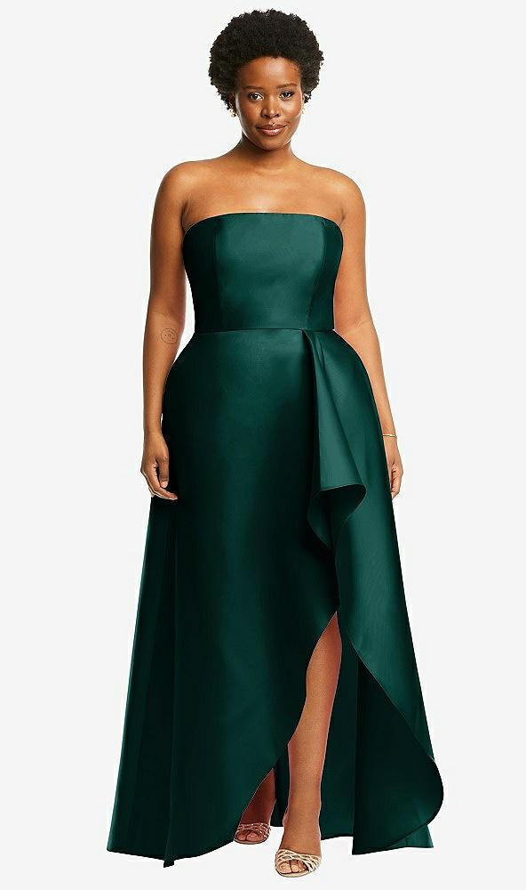strapless satin gown with draped front slit and pockets
