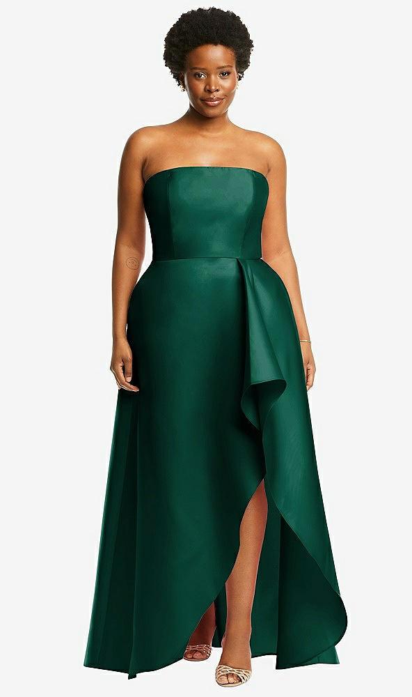strapless satin gown with draped front slit and pockets
