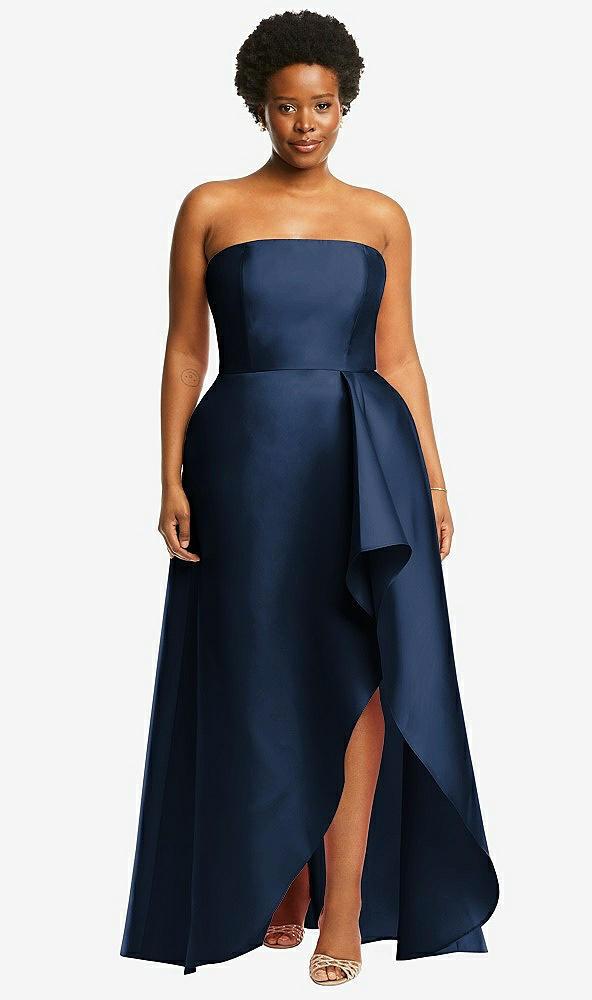 strapless satin gown with draped front slit and pockets