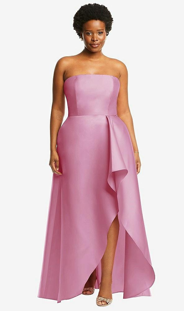 strapless satin gown with draped front slit and pockets