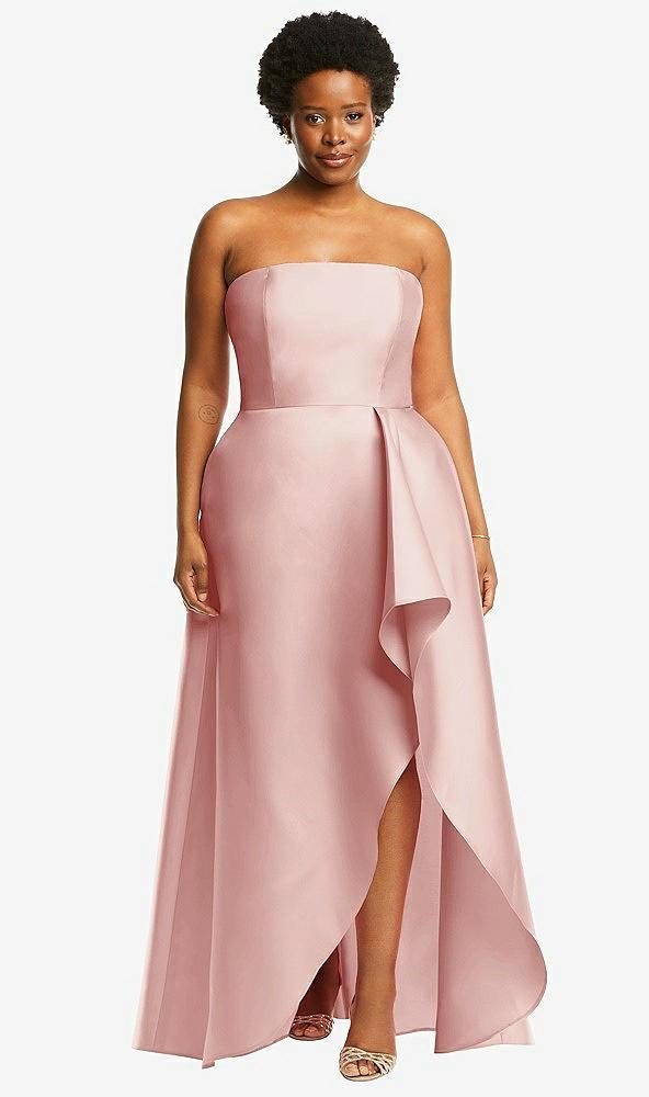 strapless satin gown with draped front slit and pockets
