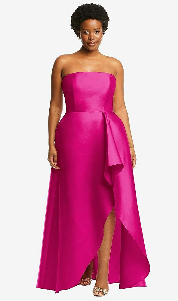 strapless satin gown with draped front slit and pockets