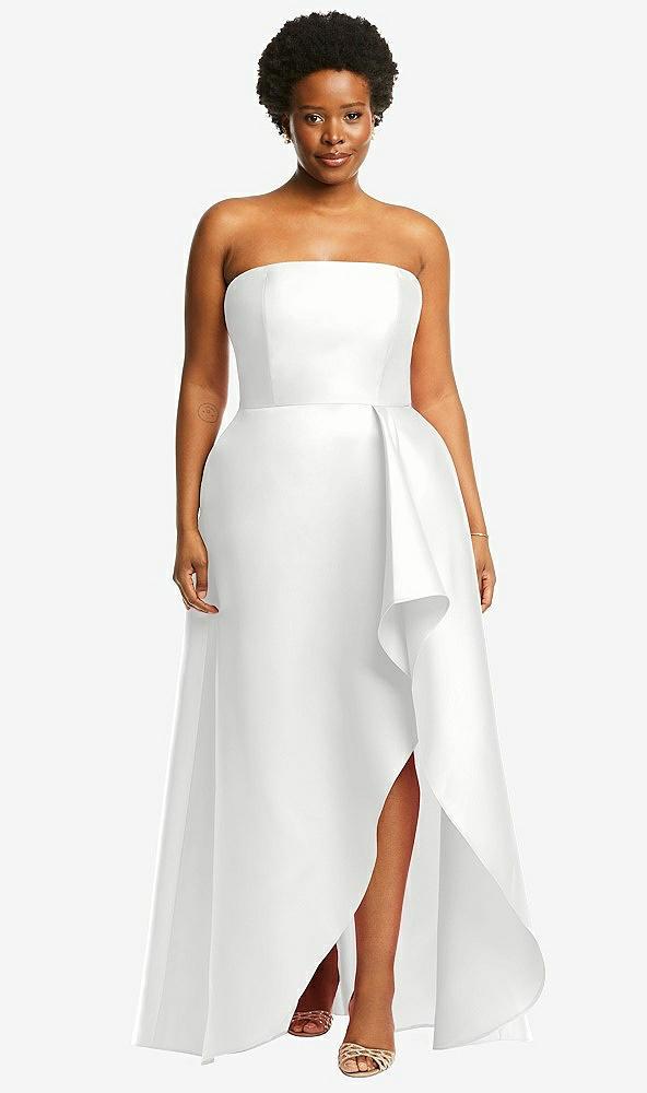 strapless satin gown with draped front slit and pockets