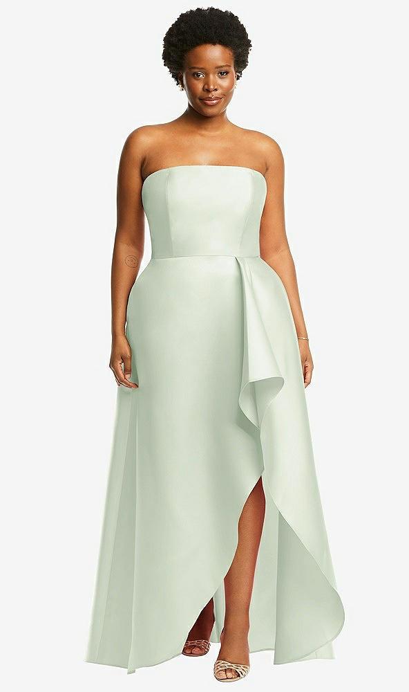 strapless satin gown with draped front slit and pockets