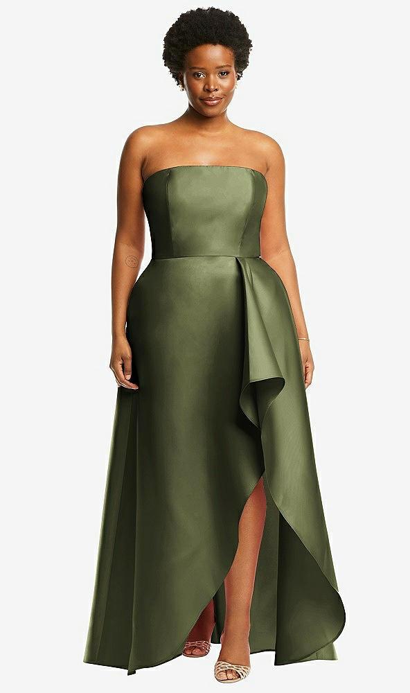 strapless satin gown with draped front slit and pockets