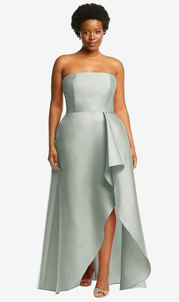 strapless satin gown with draped front slit and pockets
