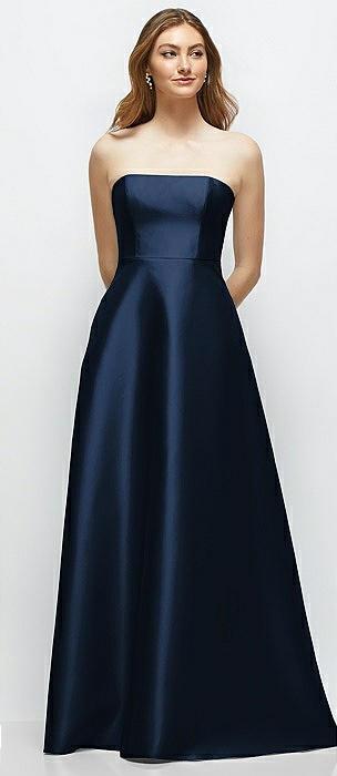 strapless satin gown with full skirt and covered buttons at back
