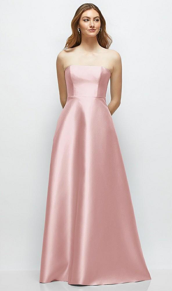 strapless satin gown with full skirt and covered buttons at back