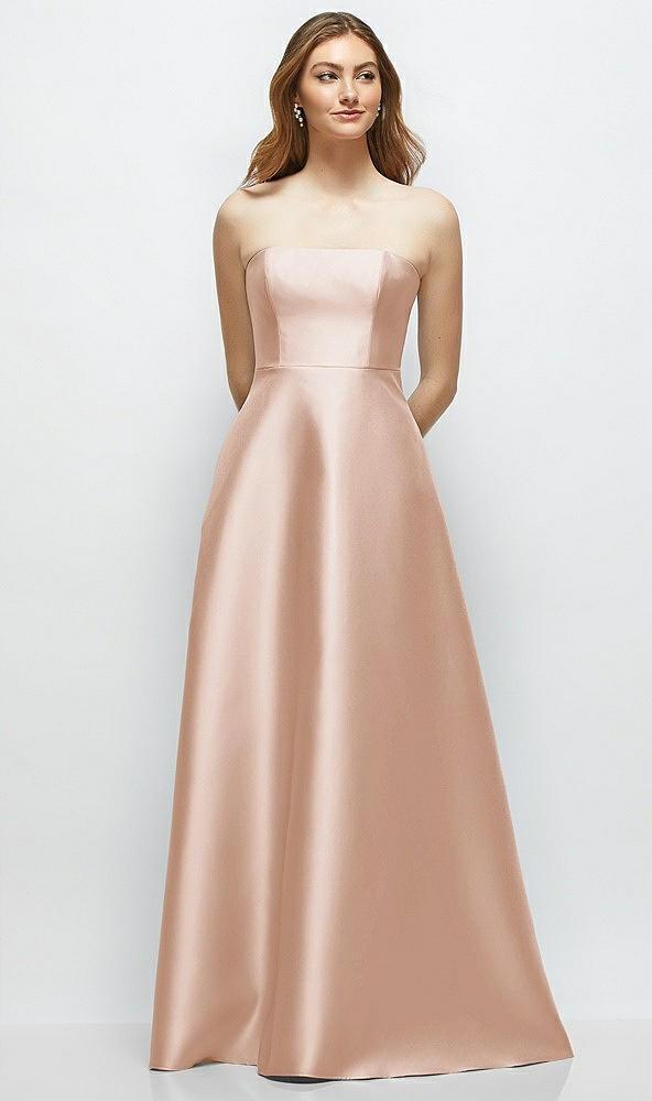 strapless satin gown with full skirt and covered buttons at back