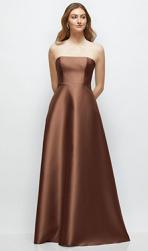 strapless satin gown with full skirt and covered buttons at back