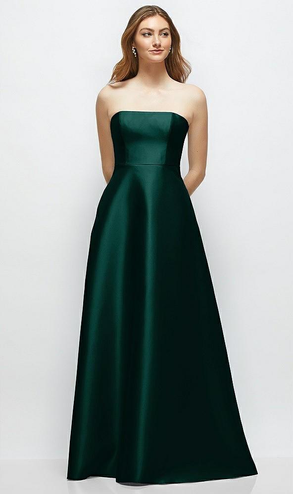 strapless satin gown with full skirt and covered buttons at back